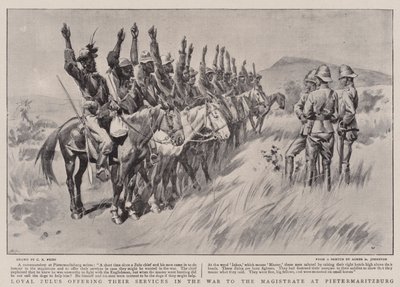 Zulúes leales ofreciendo sus servicios en la guerra al magistrado en Pietermaritzburg de Charles Edwin Fripp